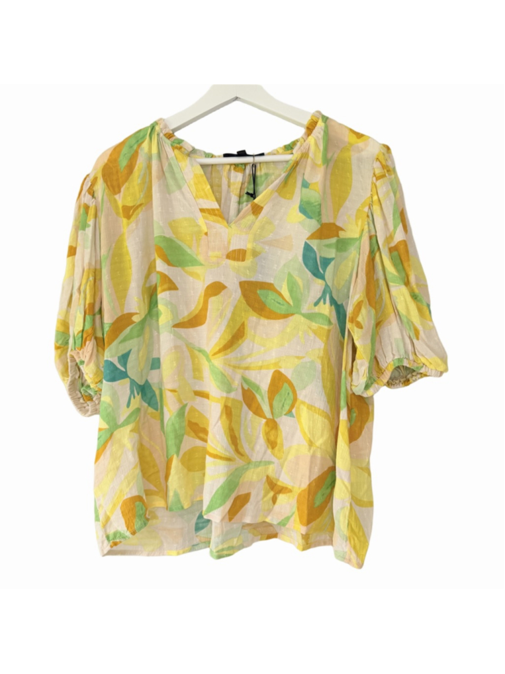 RACHEL Rachel Roy Yellow Leaf Print Puff Sleeve Blouse Women's Large
